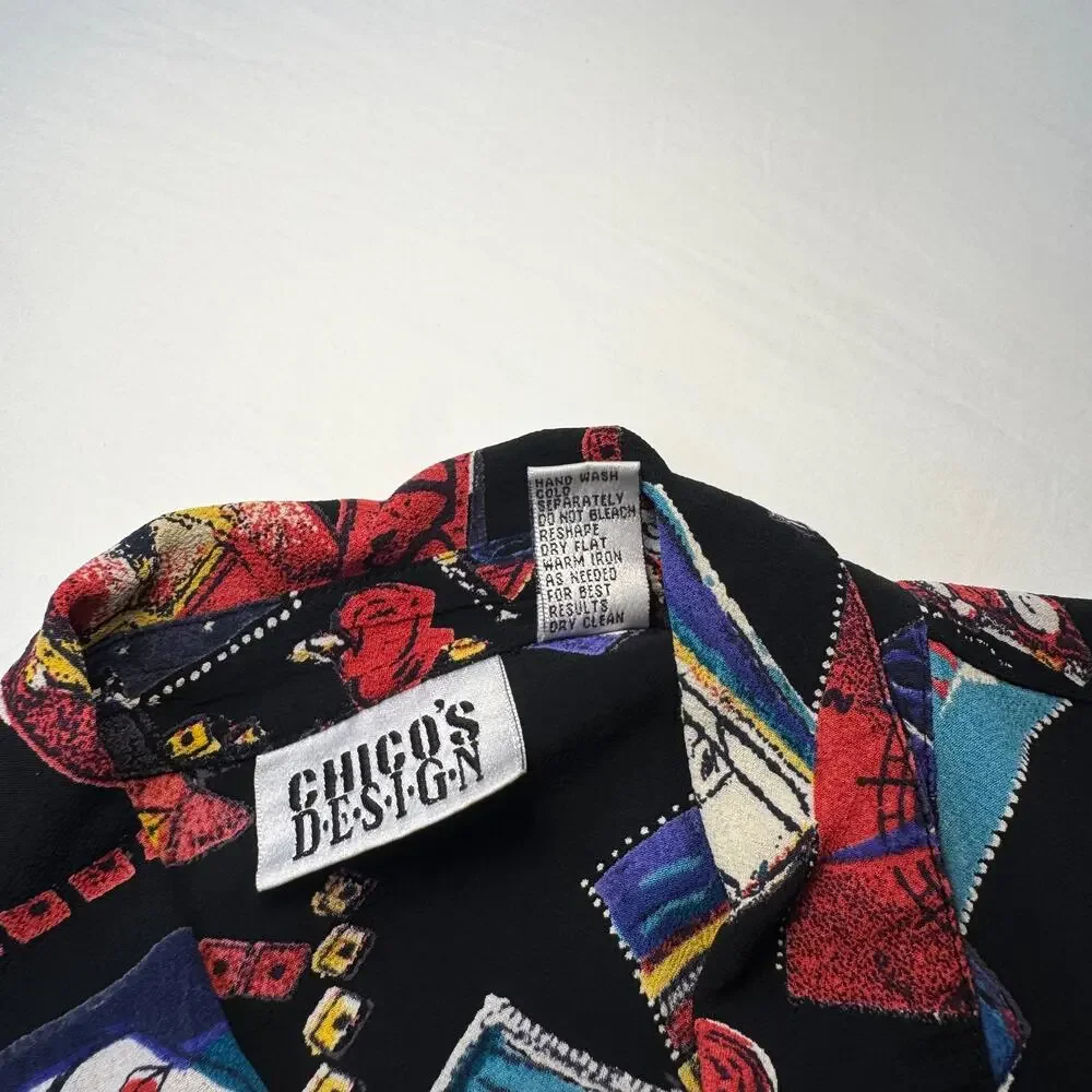 Chico's VTG Pop Art Graphic Camp Shirt Womens 2 Large Art To Wear Maximalist 90s - Picture 12 of 14